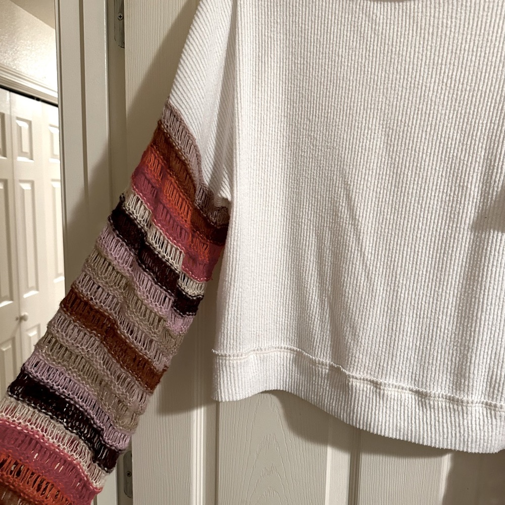 Free People White Sweater with Block Colored Sleeves
